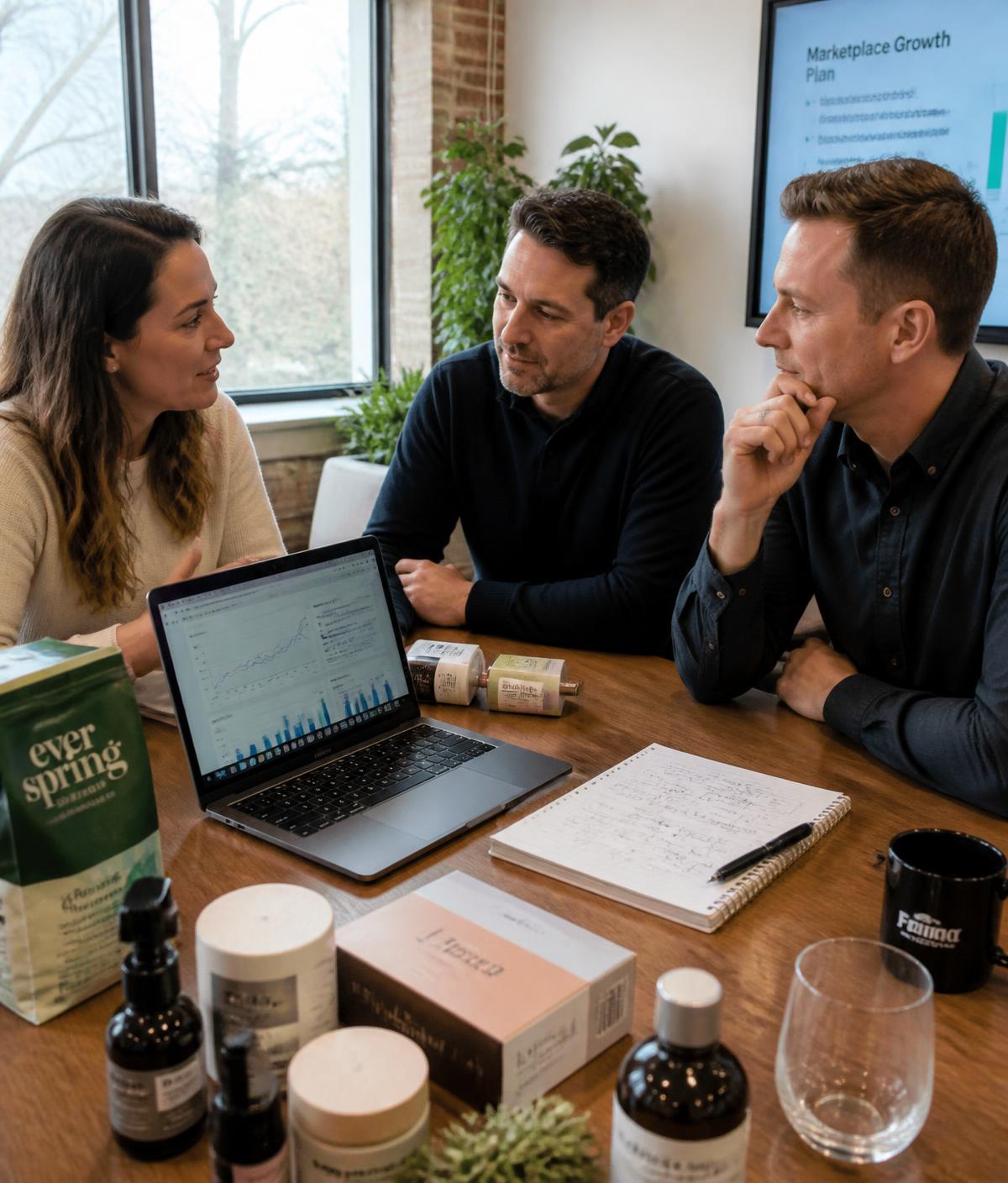 Consultants and a product brand owner reviewing a marketplace growth plan with product samples on the table