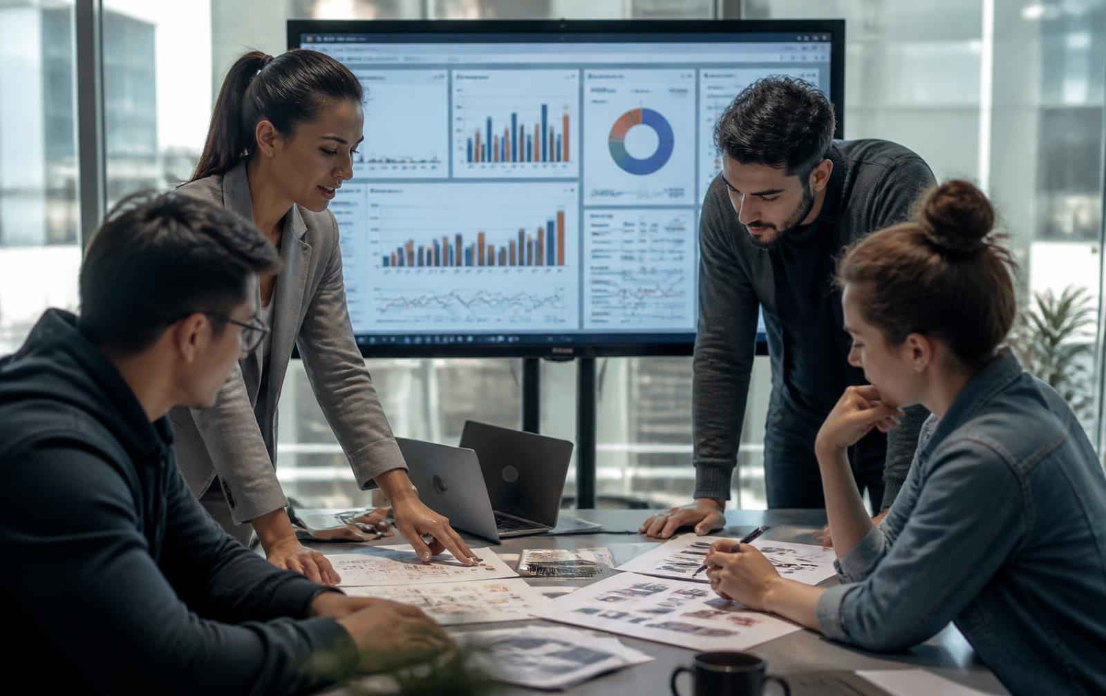 E-commerce strategy team reviewing marketplace performance data together in a meeting room