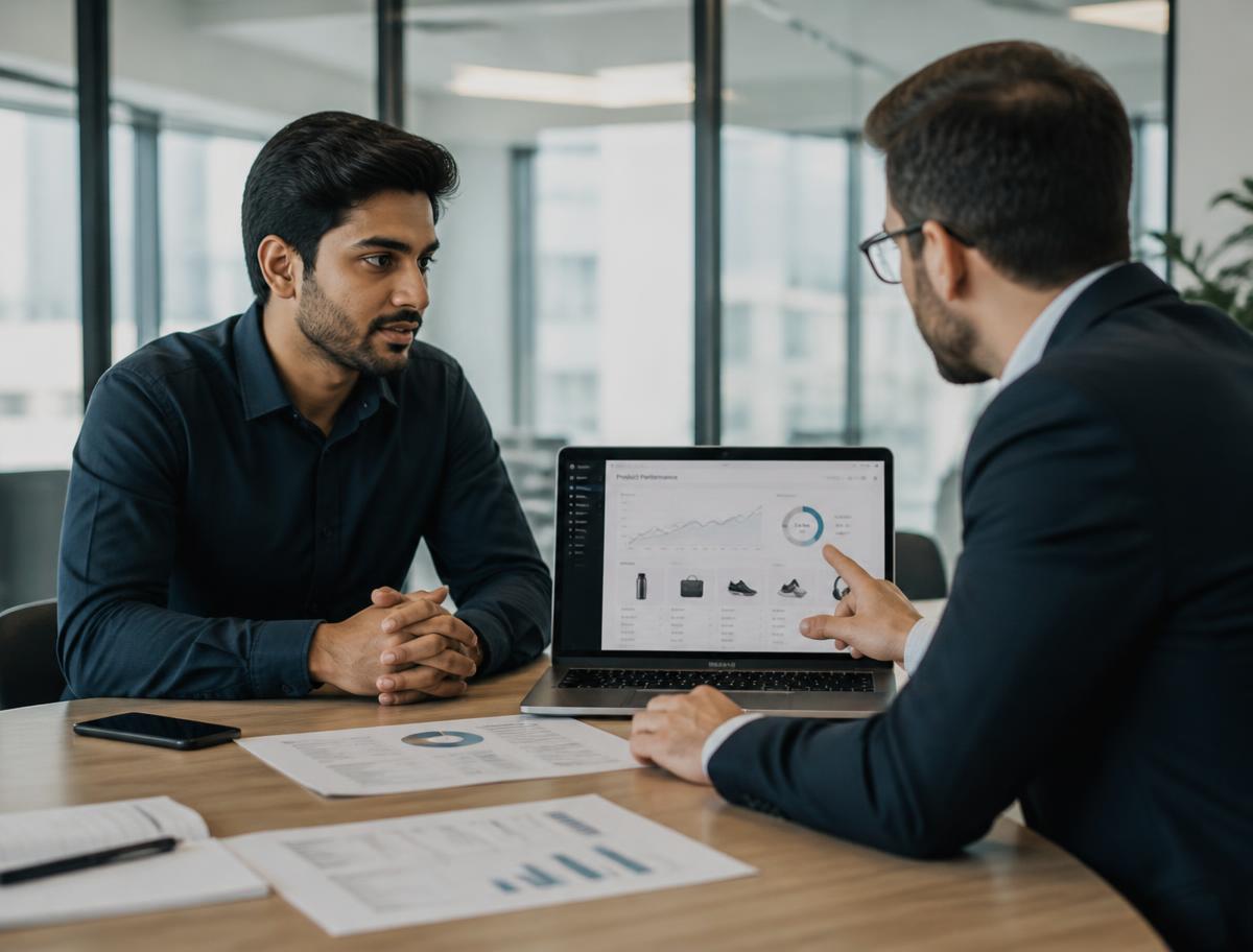 E-commerce brand founder meeting with a marketplace growth consultant reviewing product performance analytics